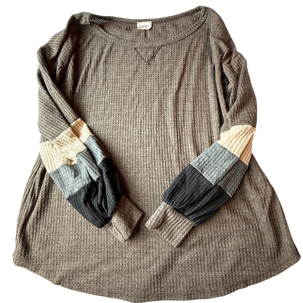 BiBi Women's Waffle Knit Top L/XL Brown Colorblock Patchwork Sleeves Boho